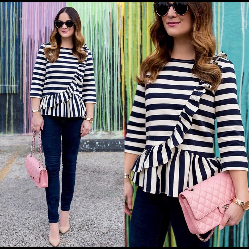 J Crew NWT Asymmetrical Ruffle Striped Top Navy M